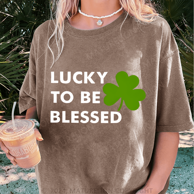 Maturelion Lucky To Be Blessed DTG Printing Washed Cotton T-Shirt