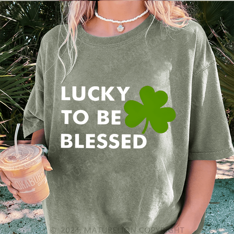Maturelion Lucky To Be Blessed DTG Printing Washed Cotton T-Shirt