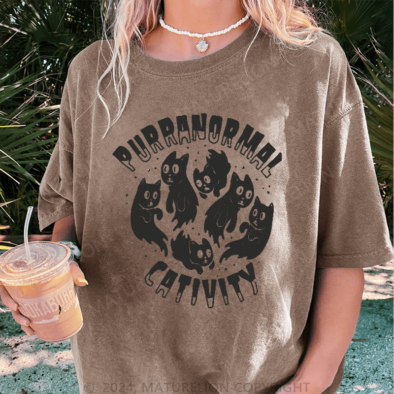 Maturelion Halloween Purranormal Cativity Funny DTG Printing Washed Cotton T-Shirt