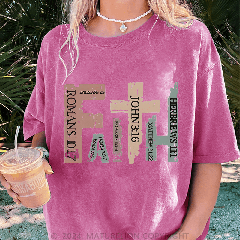 Maturelion Vintage Christian With Bible Verses,Retro Faith Cross DTG Printing Washed Cotton T-Shirt