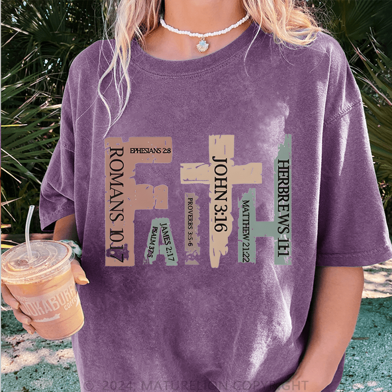 Maturelion Vintage Christian With Bible Verses,Retro Faith Cross DTG Printing Washed Cotton T-Shirt