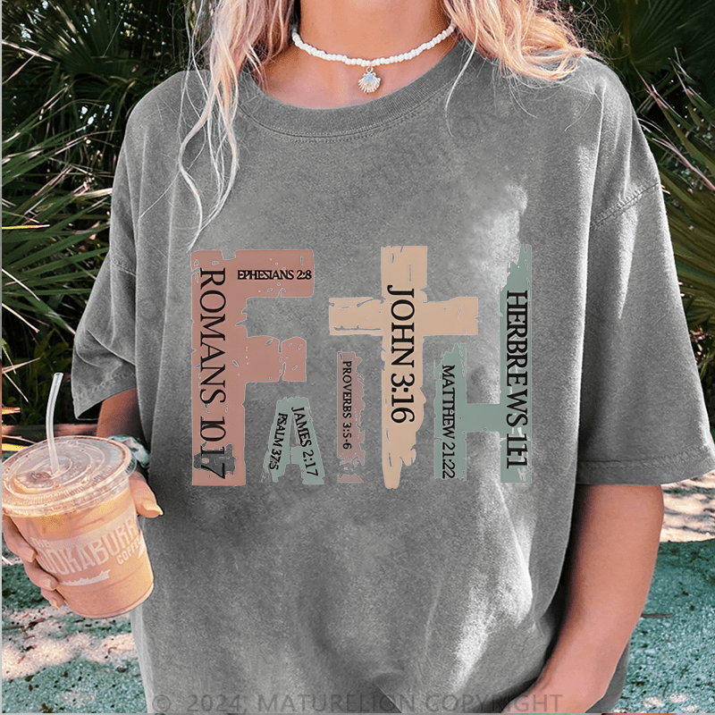 Maturelion Vintage Christian With Bible Verses,Retro Faith Cross DTG Printing Washed Cotton T-Shirt