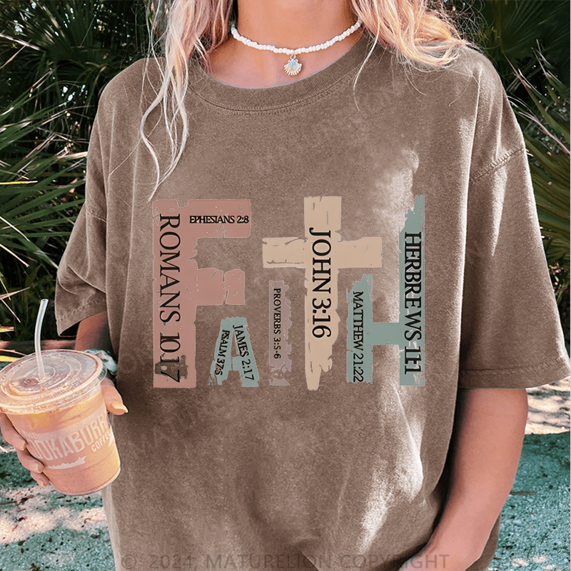 Maturelion Vintage Christian With Bible Verses,Retro Faith Cross DTG Printing Washed Cotton T-Shirt