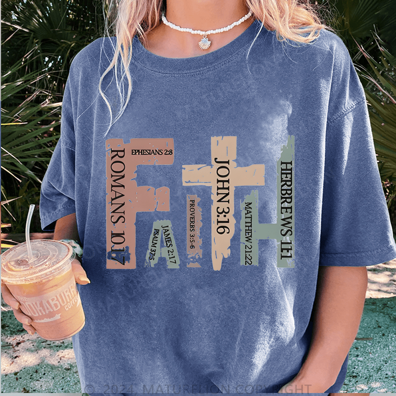 Maturelion Vintage Christian With Bible Verses,Retro Faith Cross DTG Printing Washed Cotton T-Shirt