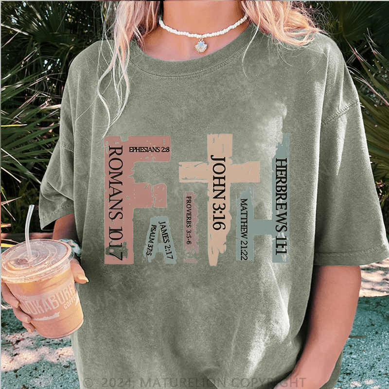 Maturelion Vintage Christian With Bible Verses,Retro Faith Cross DTG Printing Washed Cotton T-Shirt