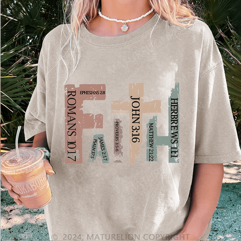 Maturelion Vintage Christian With Bible Verses,Retro Faith Cross DTG Printing Washed Cotton T-Shirt