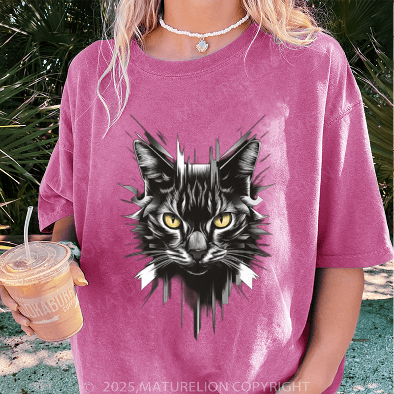 Maturelion Women T-Shirt Cool Cat Washed Women T-Shirt