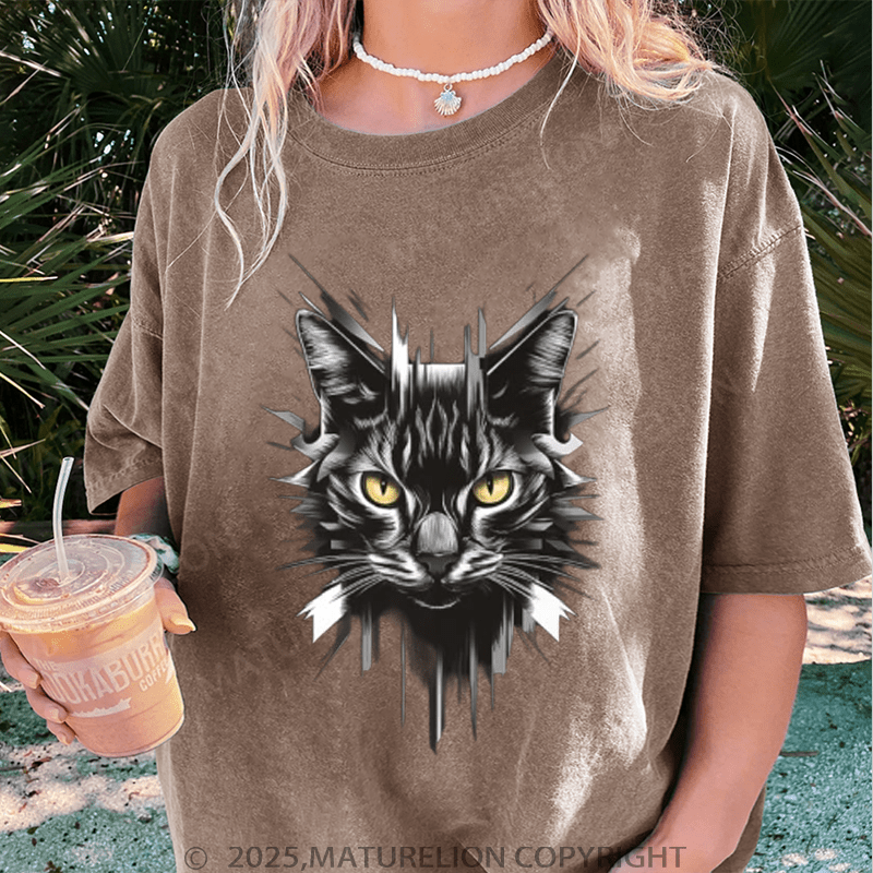 Maturelion Women T-Shirt Cool Cat Washed Women T-Shirt