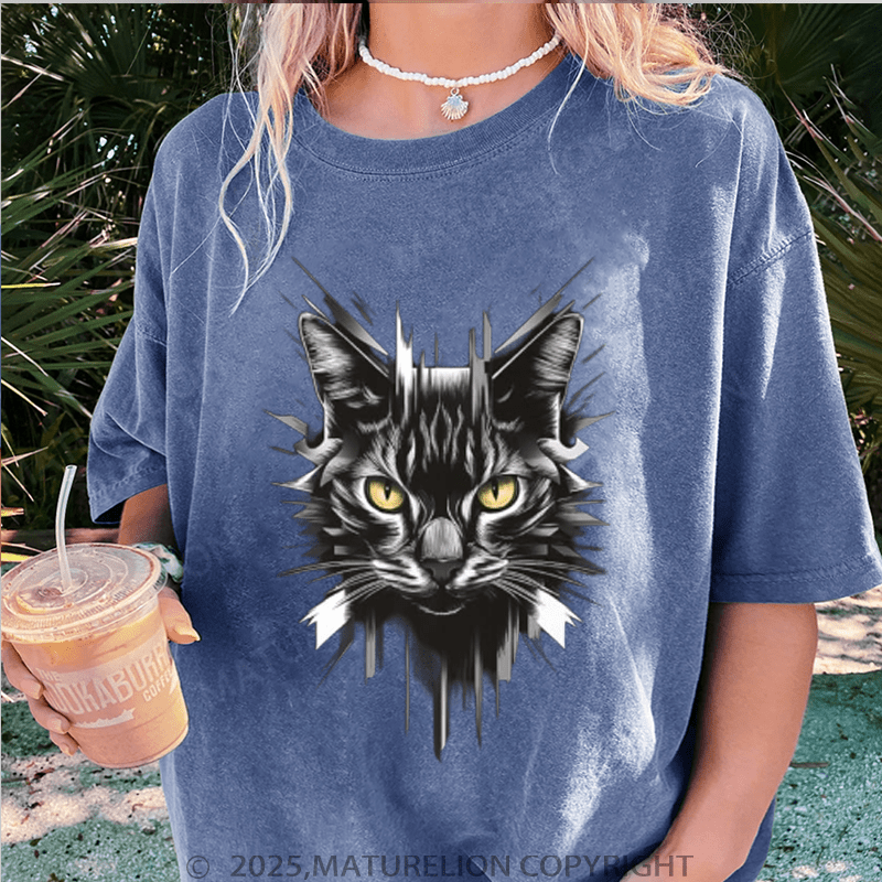 Maturelion Women T-Shirt Cool Cat Washed Women T-Shirt