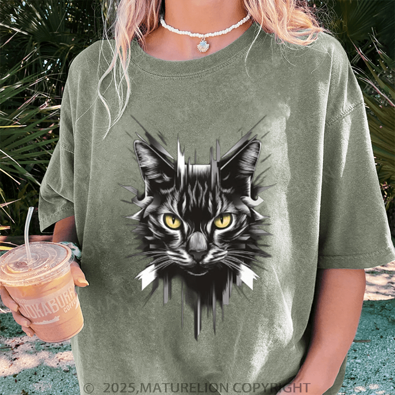 Maturelion Women T-Shirt Cool Cat Washed Women T-Shirt