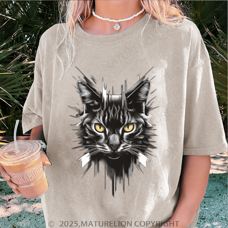 Maturelion Women T-Shirt Cool Cat Washed Women T-Shirt