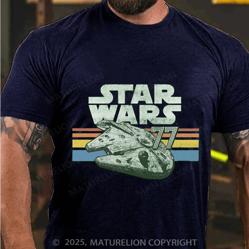 Maturelion Men's T-Shirt Millennium Falcon 77 Retro Lines Logo Cotton T-Shirt
