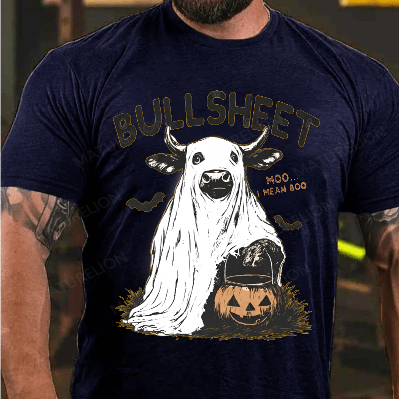 Maturelion Men's T-Shirt Funny Cow Halloween Pun – Bullsheet I Moo I Mean Boo Halloween Cotton T-Shirt