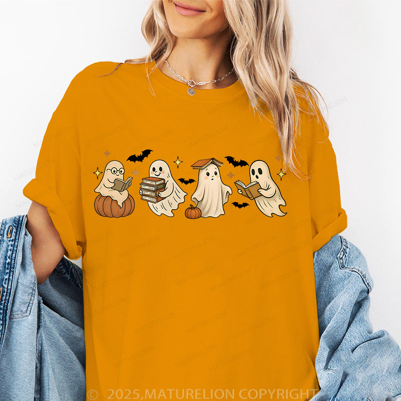 Maturelion Women's T-shirt Vintage Halloween Ghost Reading Books Cotton T-shirt
