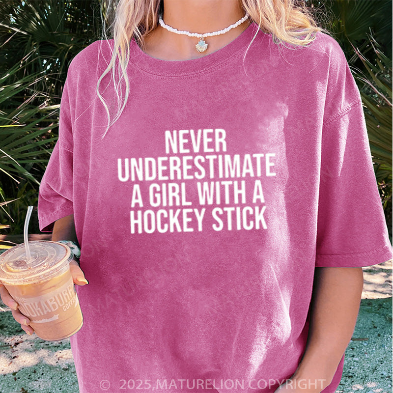 Maturelion Women's T-shirt Hockey girl shirt funny hockey stick DTG Washed T-shirt