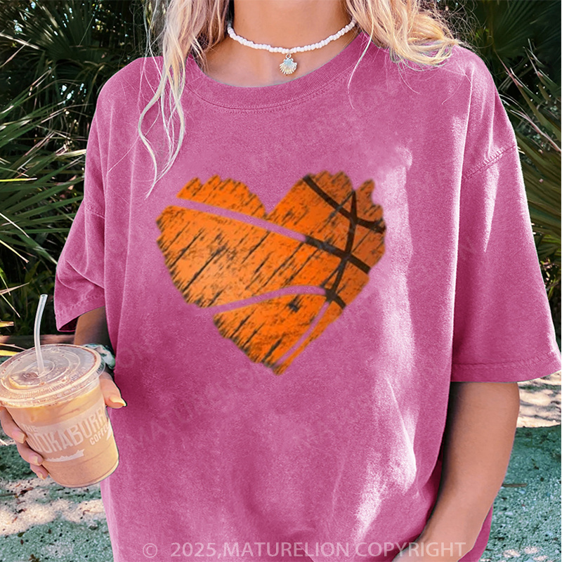 Maturelion Women's T-shirt Distressed Basketball Heart DTG Washed T-shirt