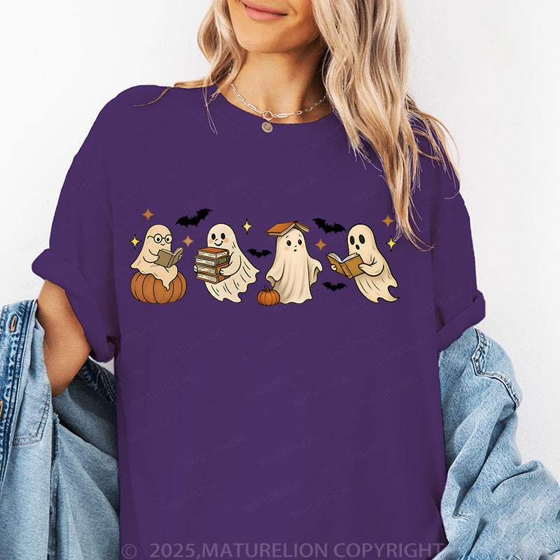 Maturelion Women's T-shirt Vintage Halloween Ghost Reading Books Cotton T-shirt