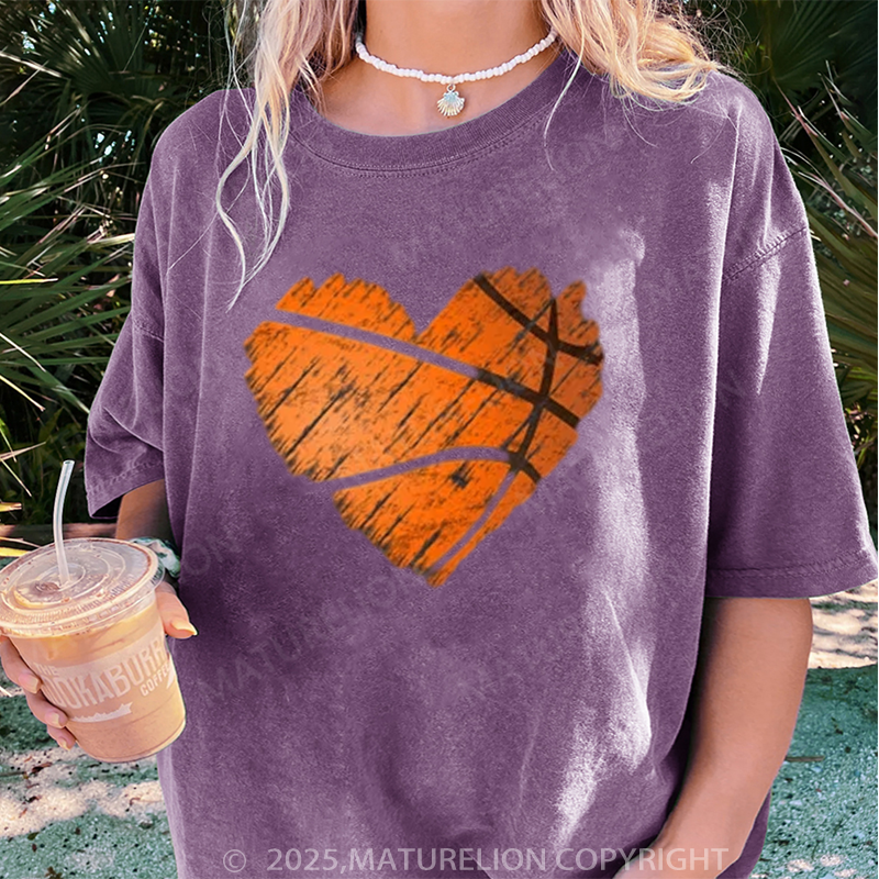 Maturelion Women's T-shirt Distressed Basketball Heart DTG Washed T-shirt