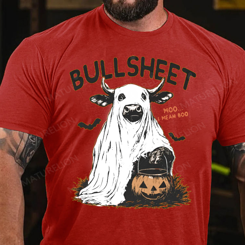 Maturelion Men's T-Shirt Funny Cow Halloween Pun – Bullsheet I Moo I Mean Boo Halloween Cotton T-Shirt