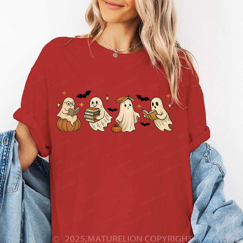 Maturelion Women's T-shirt Vintage Halloween Ghost Reading Books Cotton T-shirt