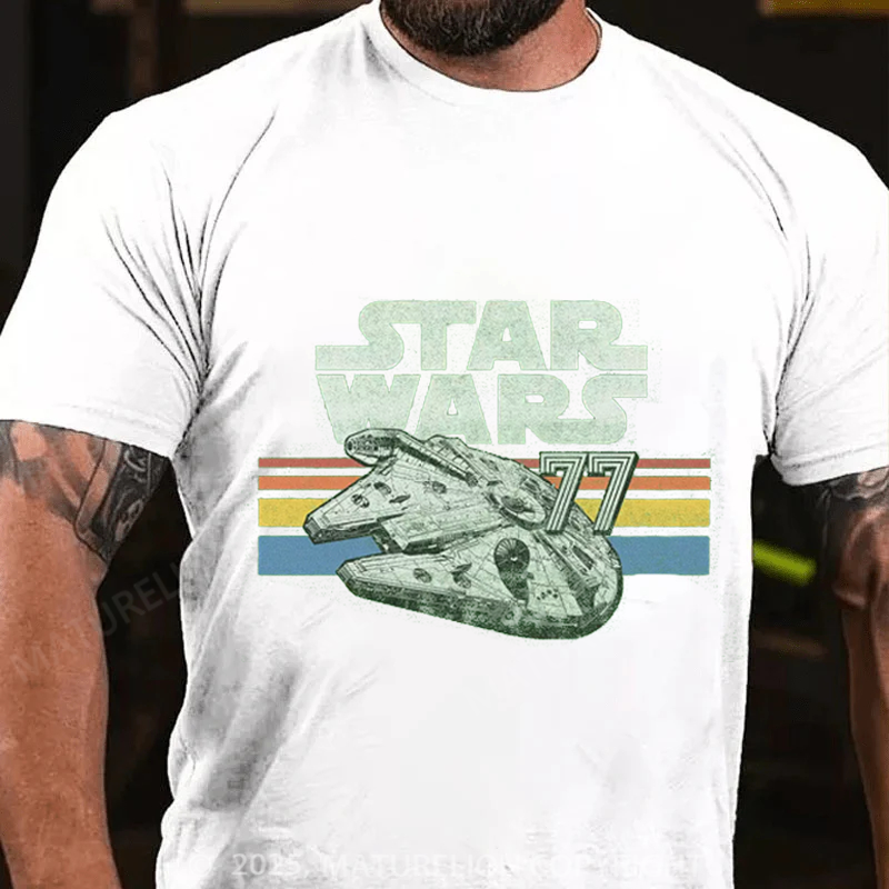 Maturelion Men's T-Shirt Millennium Falcon 77 Retro Lines Logo Cotton T-Shirt