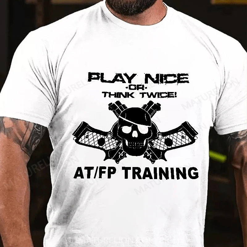 Maturelion Men's T-shirt Play Nice Think Twice Skull Guns Cotton T-shirt