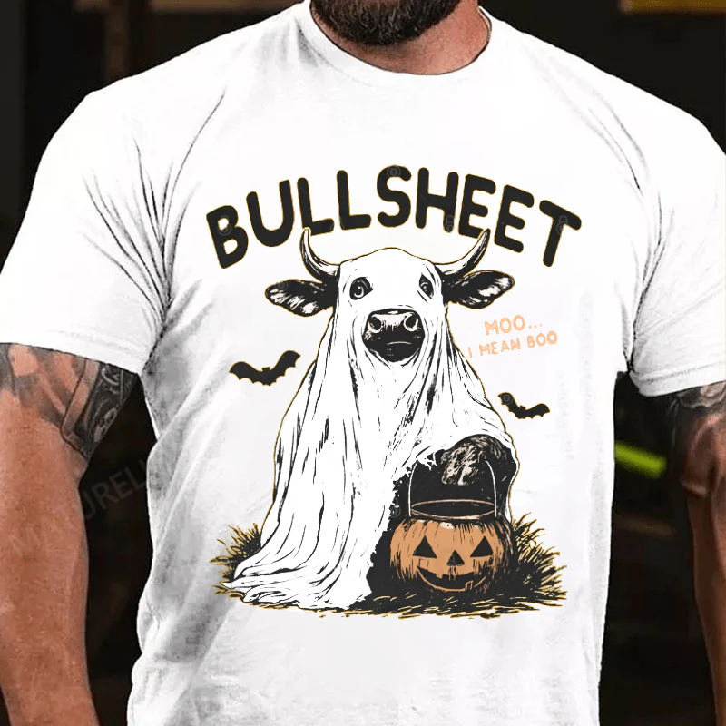 Maturelion Men's T-Shirt Funny Cow Halloween Pun – Bullsheet I Moo I Mean Boo Halloween Cotton T-Shirt