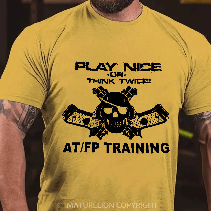 Maturelion Men's T-shirt Play Nice Think Twice Skull Guns Cotton T-shirt