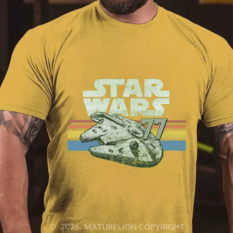 Maturelion Men's T-Shirt Millennium Falcon 77 Retro Lines Logo Cotton T-Shirt