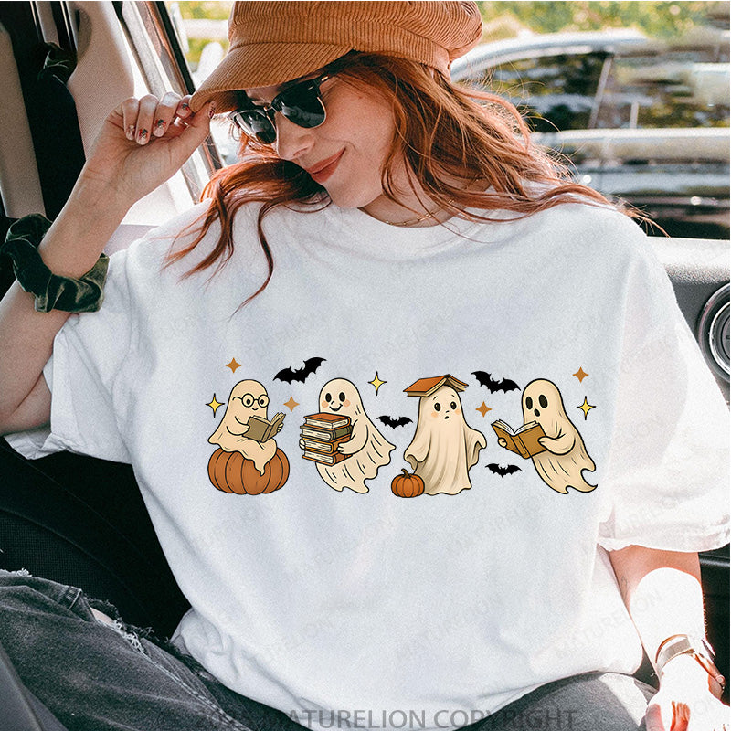 Maturelion Women's T-shirt Vintage Halloween Ghost Reading Books Cotton T-shirt