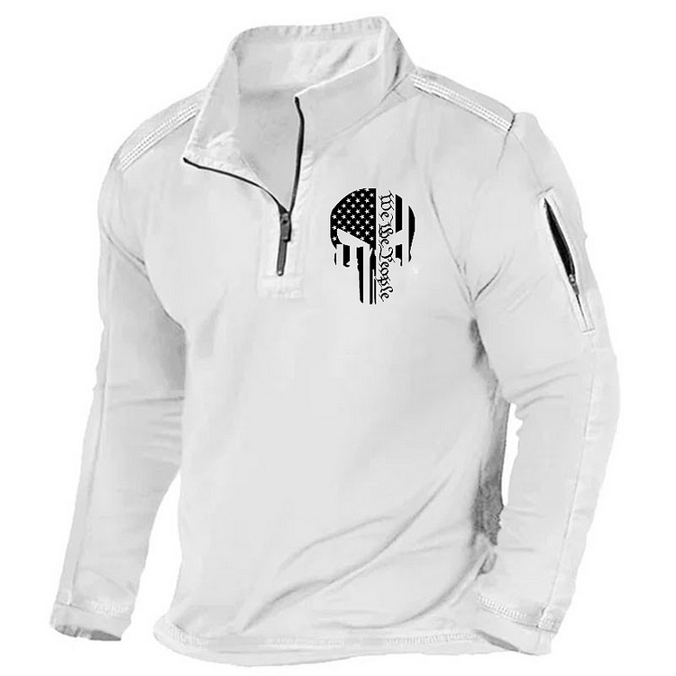 Maturelion Men's Henley Shirt We The People Skull Flag Zipper Henley Shirt