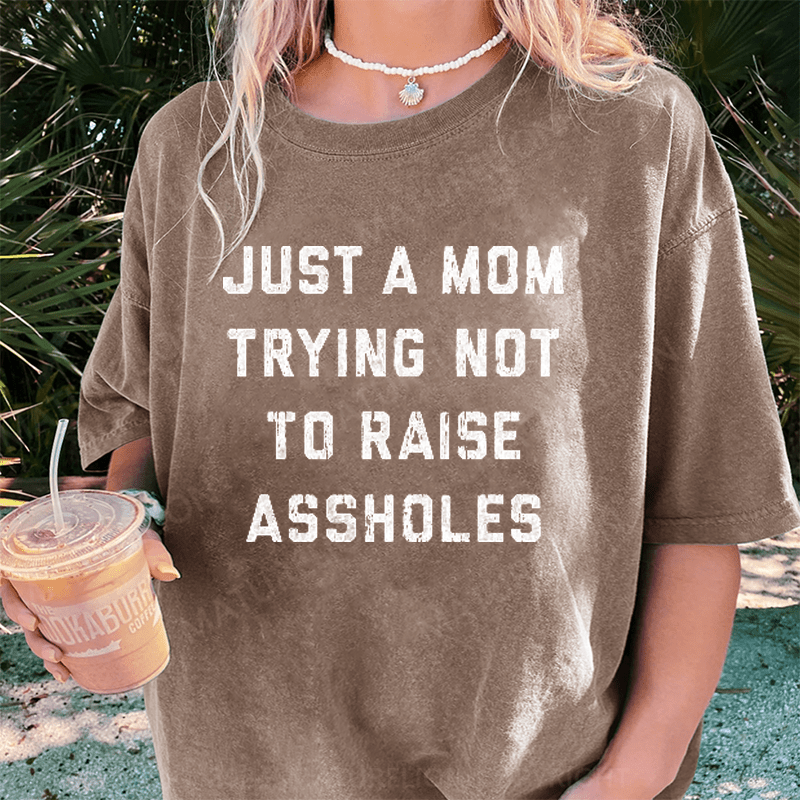 Maturelion Just A Mom Trying Not To Raise Assholes DTG Printing Washed Cotton T-Shirt