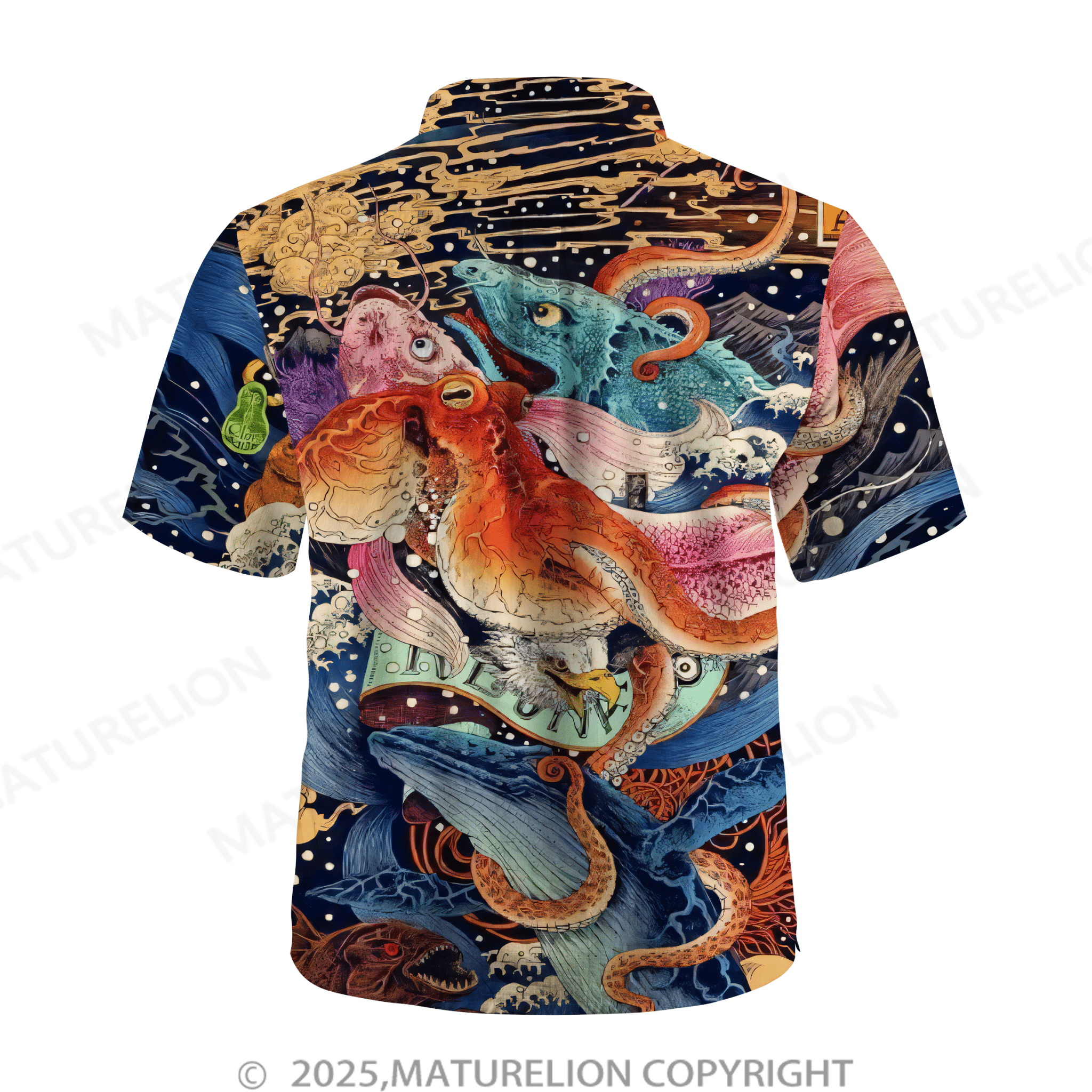 Maturelion Mens Ukiyo-E Octopus Sea Life Print Shirt