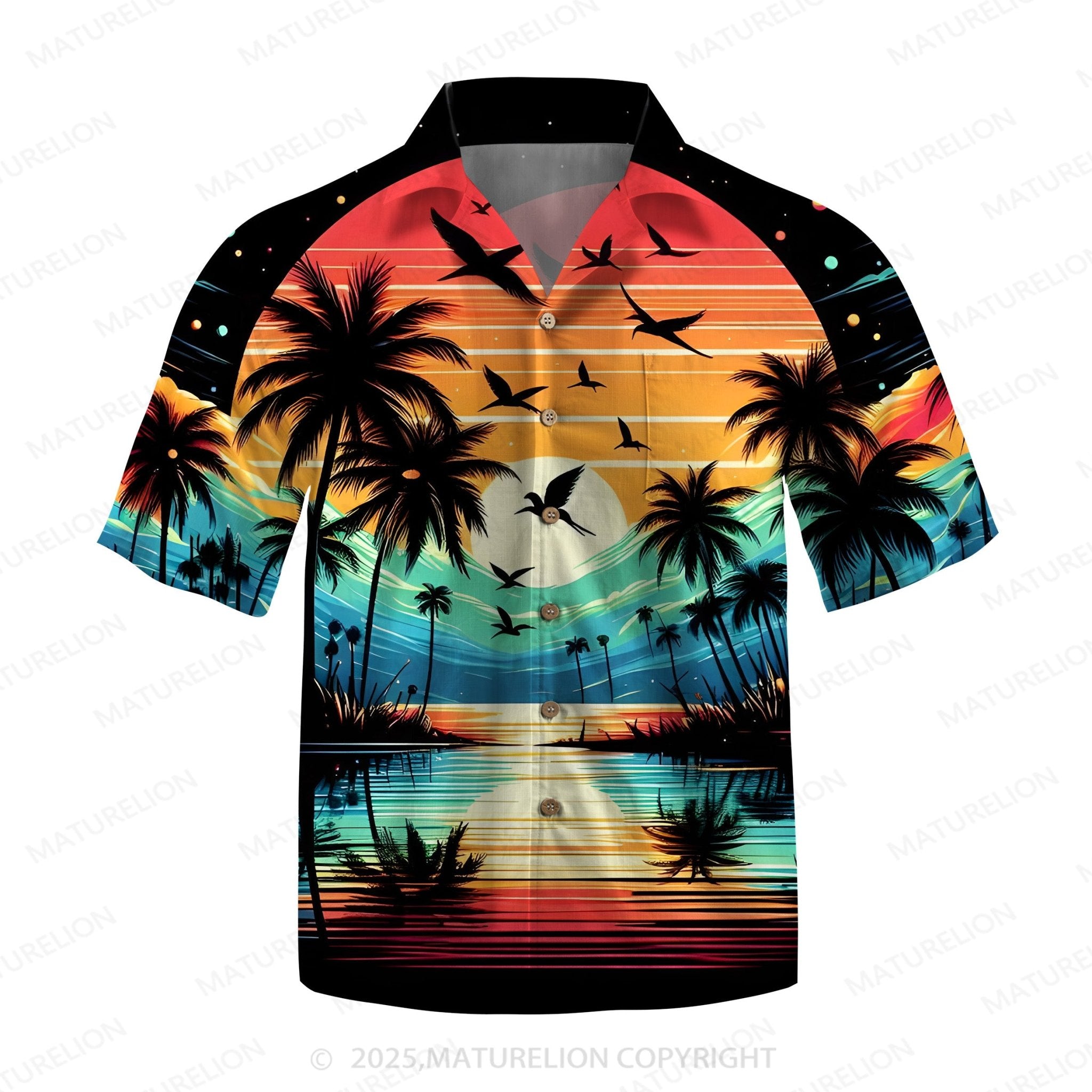 Maturelion Men's Aloha Shirts Vintage Sunset Print Hawaiian Shirt