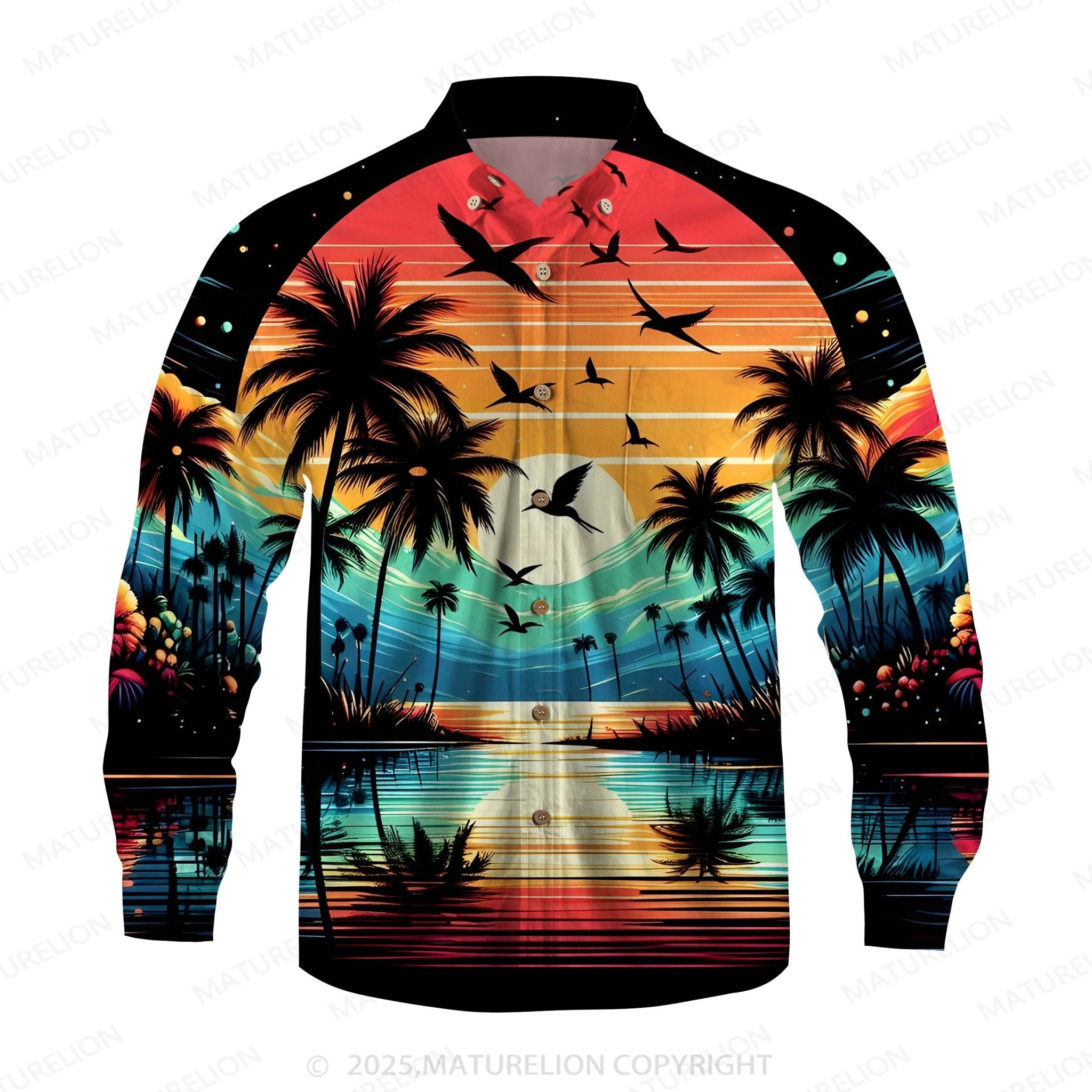Maturelion Men's Aloha Shirts Vintage Sunset Print Hawaiian Shirt