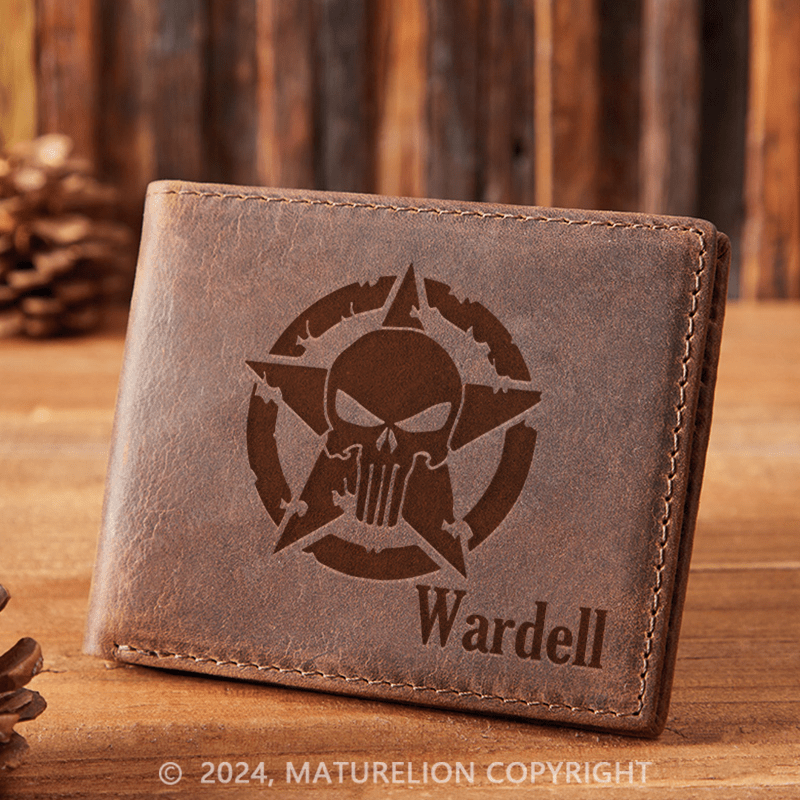 Maturelion Custom Punisher Skull with Circle and Star Leather Wallet Christmas Gift for Men