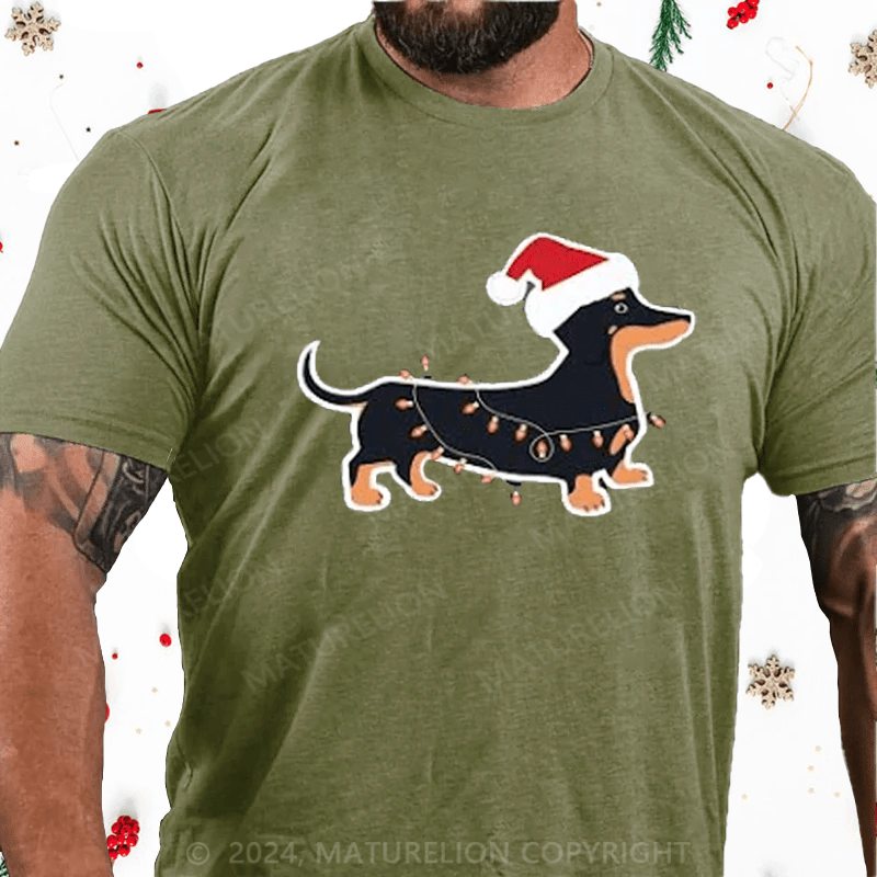 Maturelion Christmas T-Shirt Cute Weiner Dog Christmas Lights Graphic Printed Short Sleeve T-Shirt