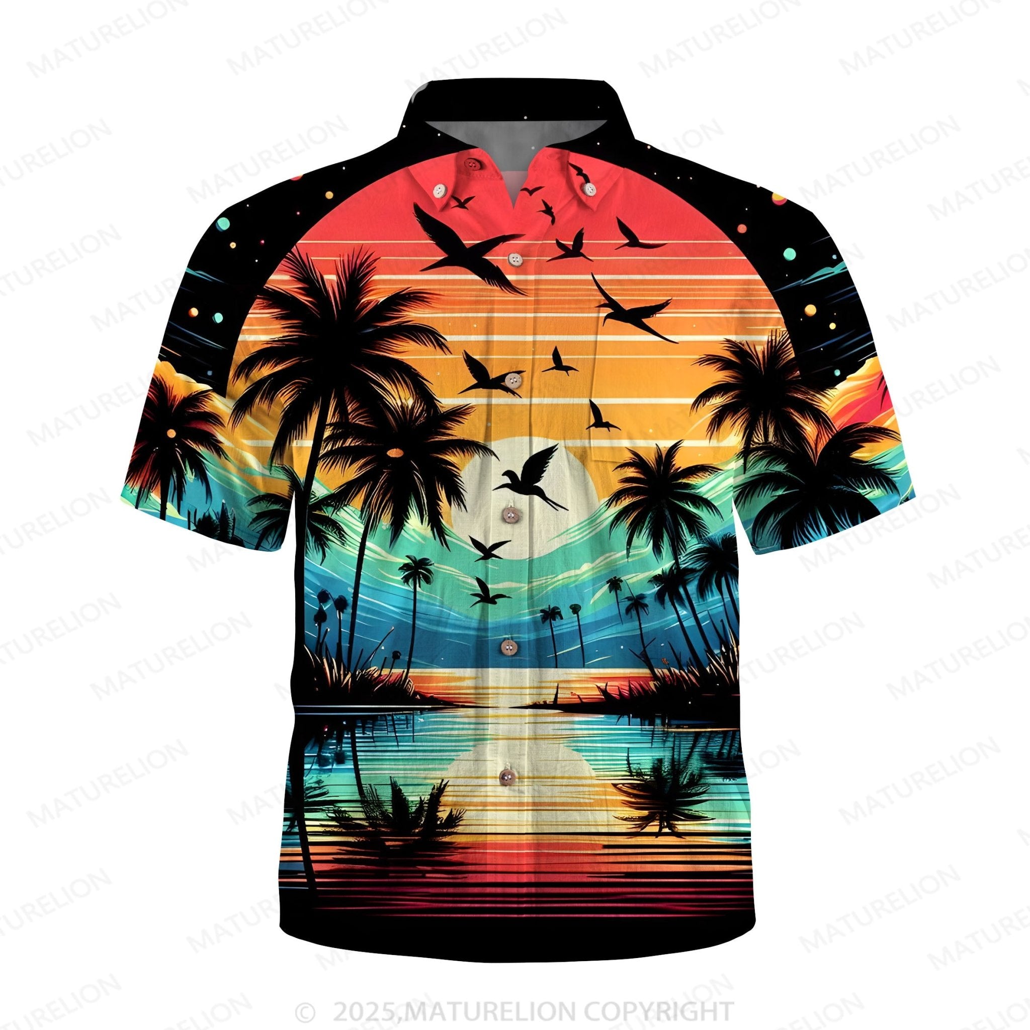 Maturelion Men's Aloha Shirts Vintage Sunset Print Hawaiian Shirt