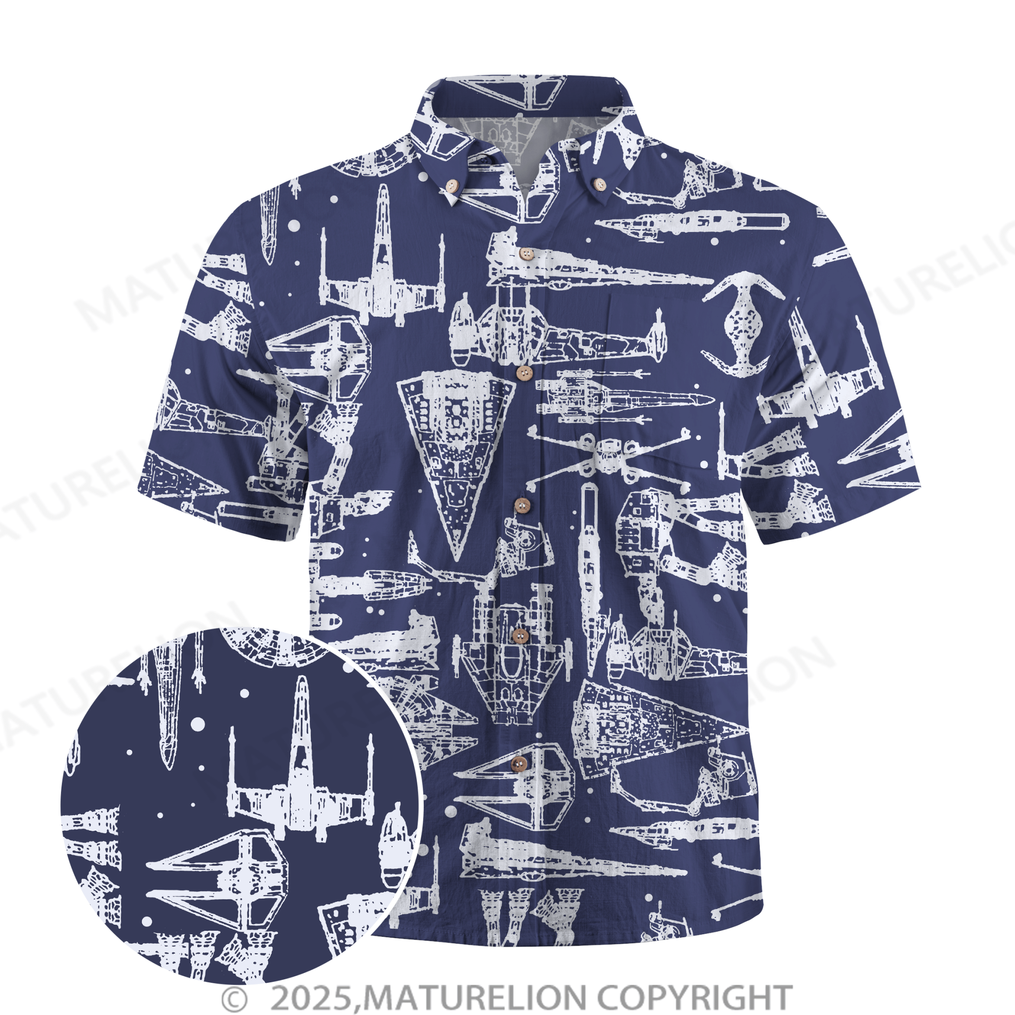 Maturelion Mens Aerospace Machine Print Casual Breathable Short Sleeve Hawaiian Shirt