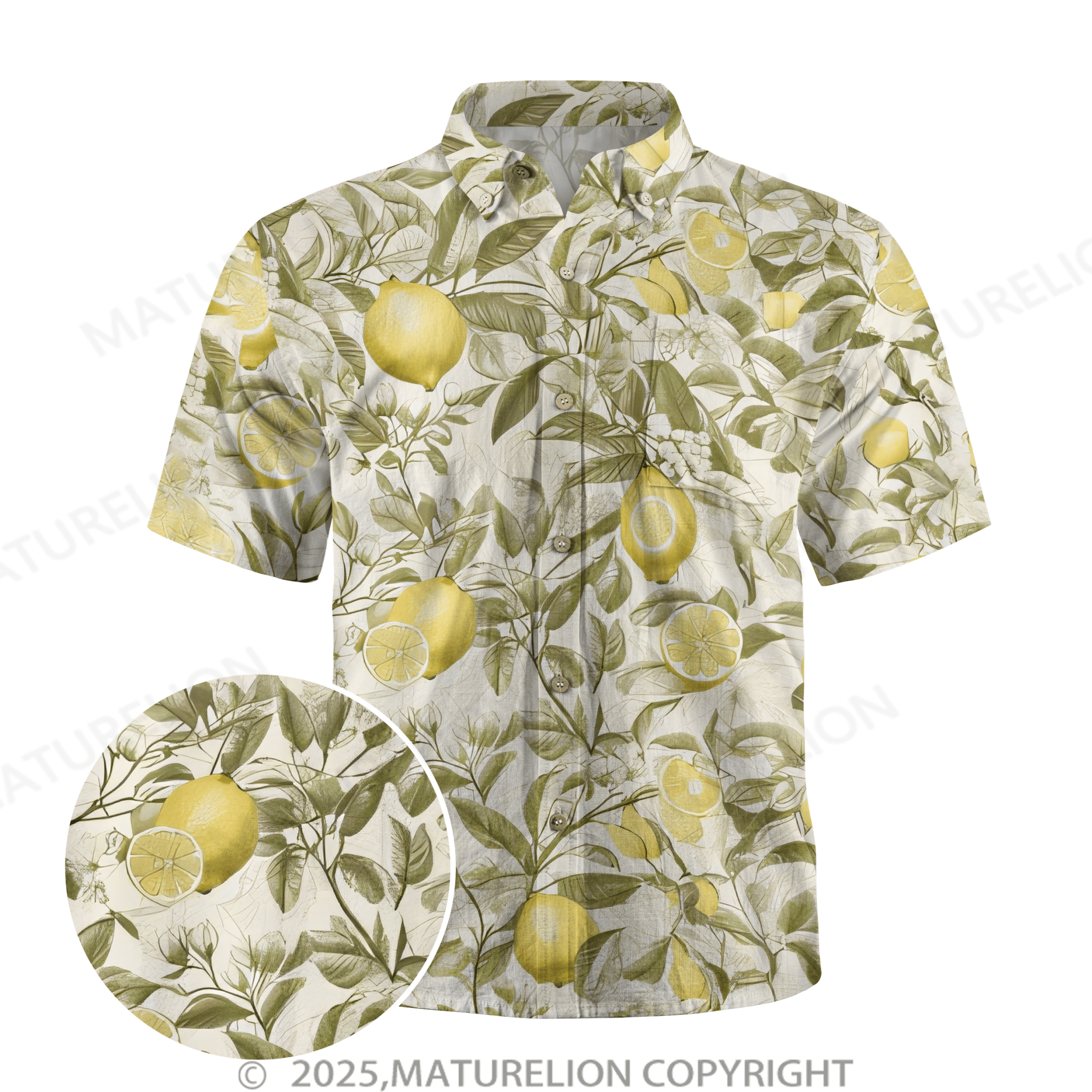 Maturelion Lemon Hawaiian Button Down Summer Beach  Print Hawaiian Shirt