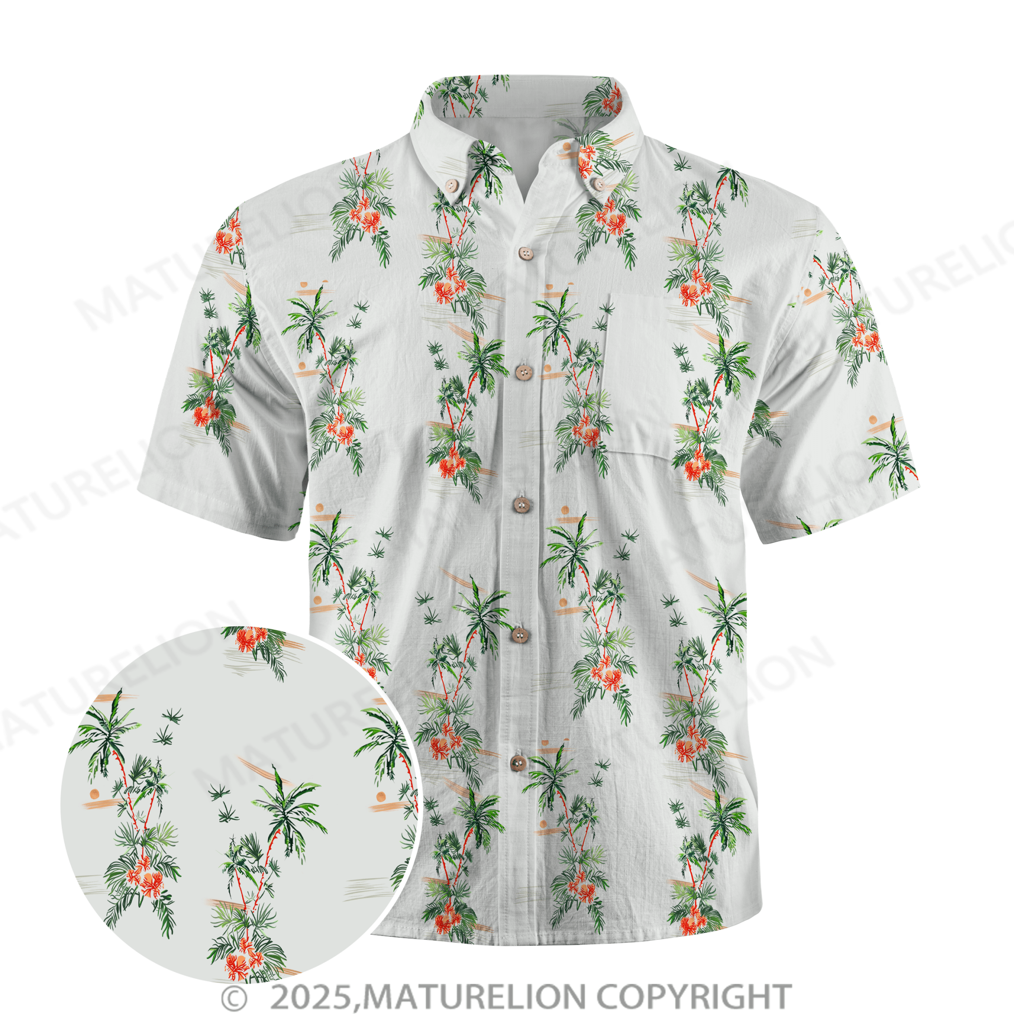 Maturelion Guys Coconut Tree Print Button Front Pocket Hawaiian Shirt