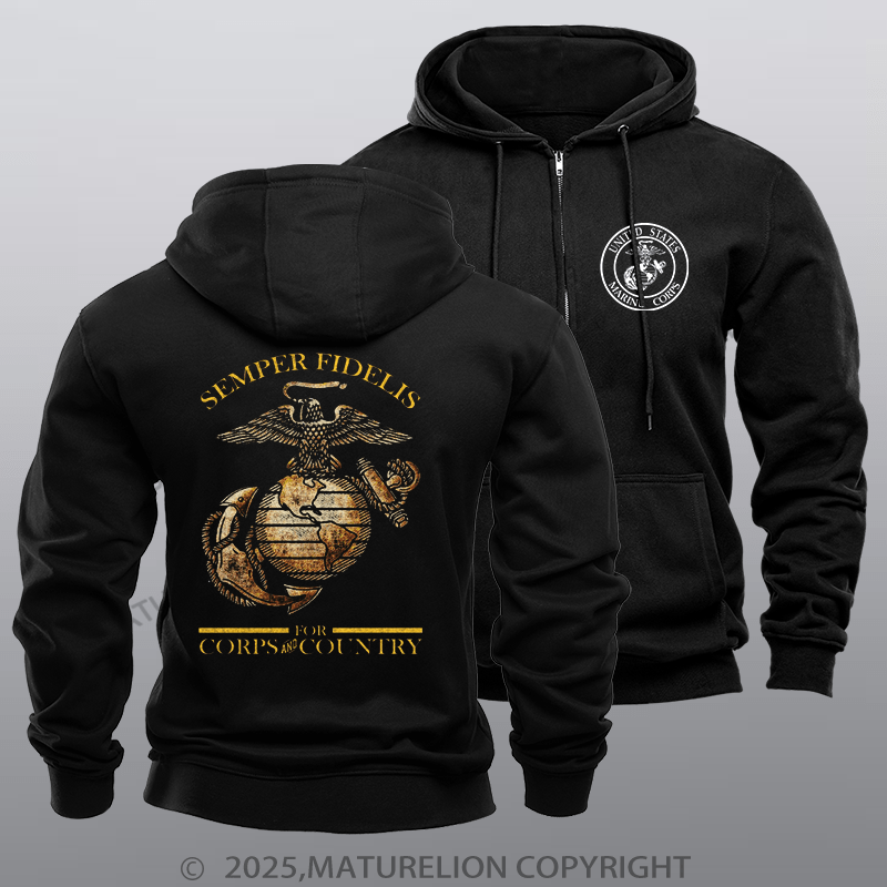 Maturelion Men's Hoodie USMC  For Country& Corps Zipper Hoodie
