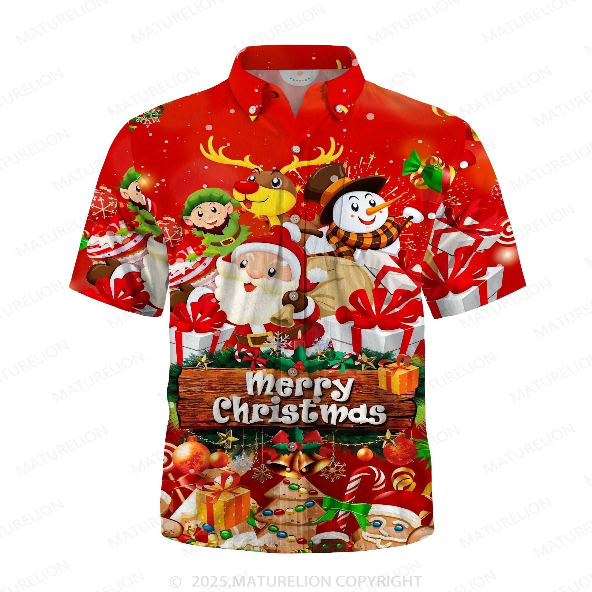 Maturelion Christmas Party Pocket Short Sleeve Hawaiian Shirt