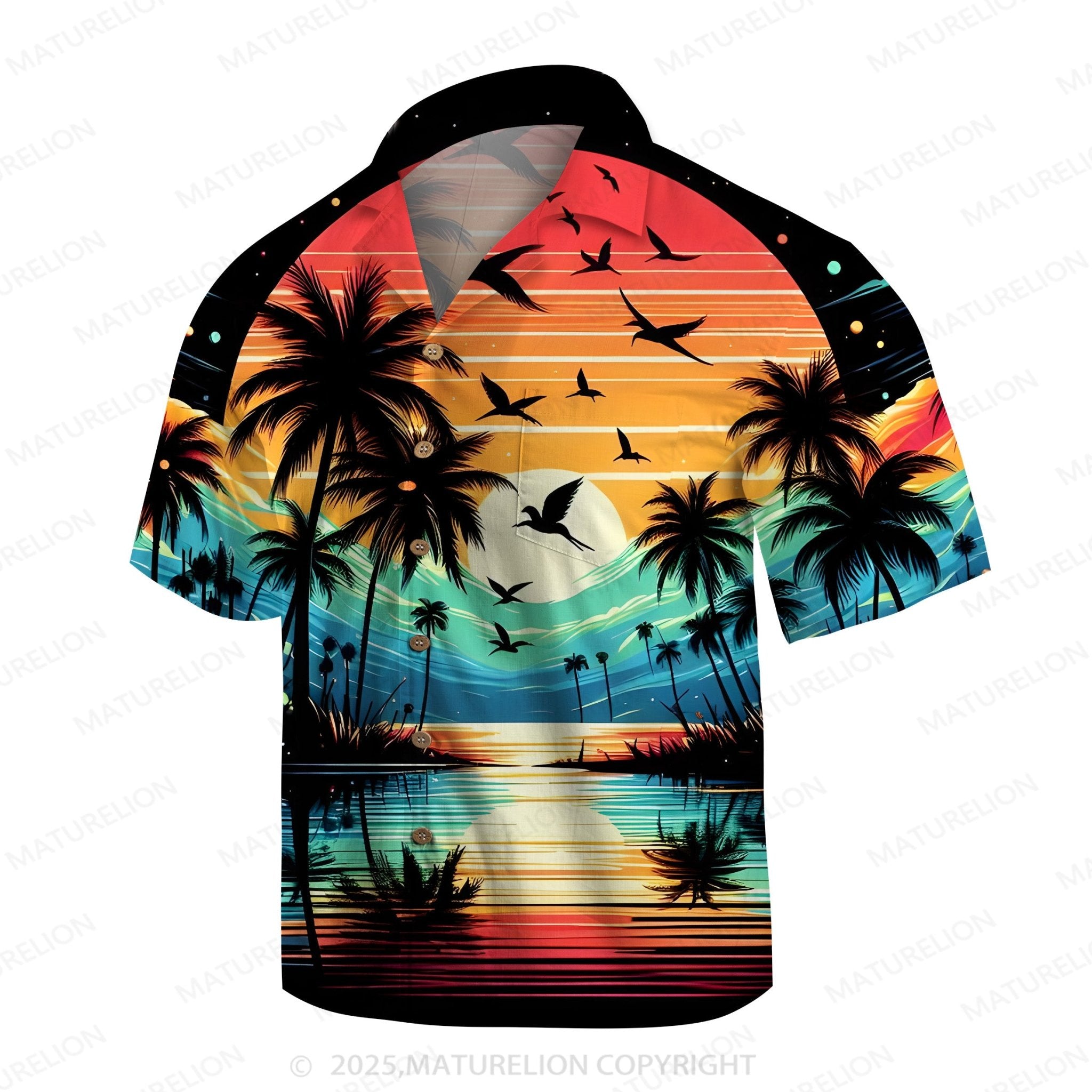 Maturelion Men's Aloha Shirts Vintage Sunset Print Hawaiian Shirt