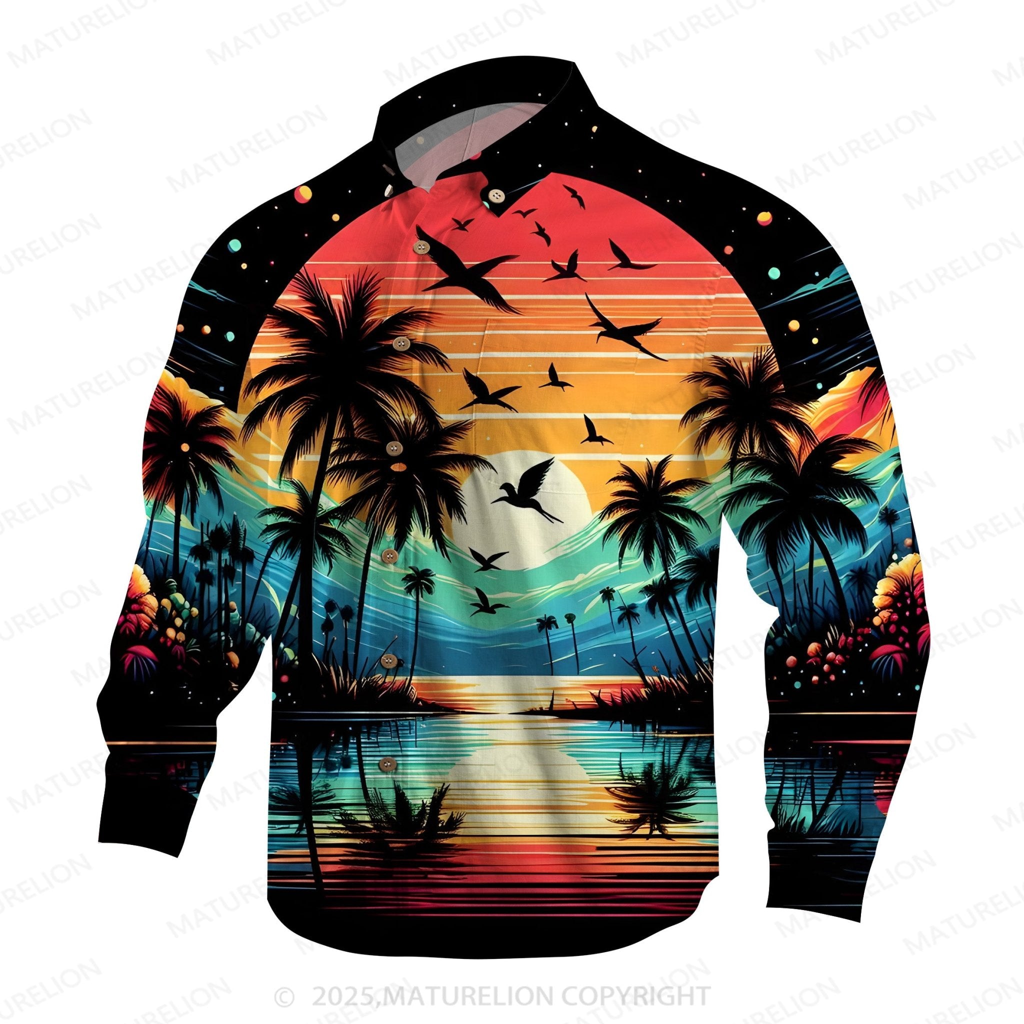Maturelion Men's Aloha Shirts Vintage Sunset Print Hawaiian Shirt