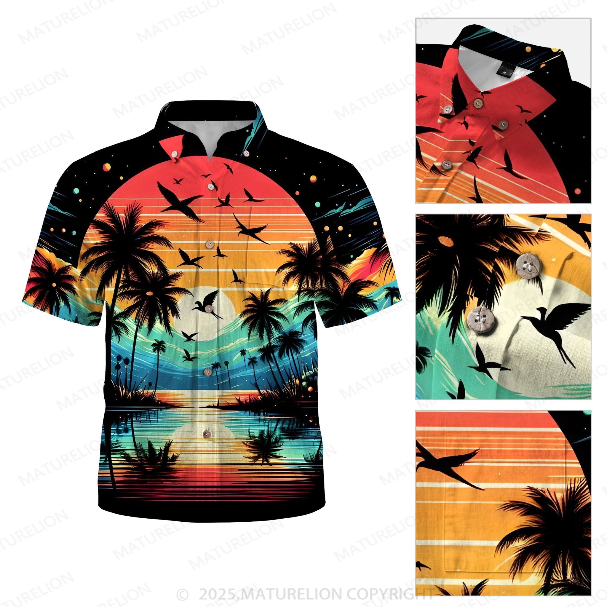 Maturelion Men's Aloha Shirts Vintage Sunset Print Hawaiian Shirt
