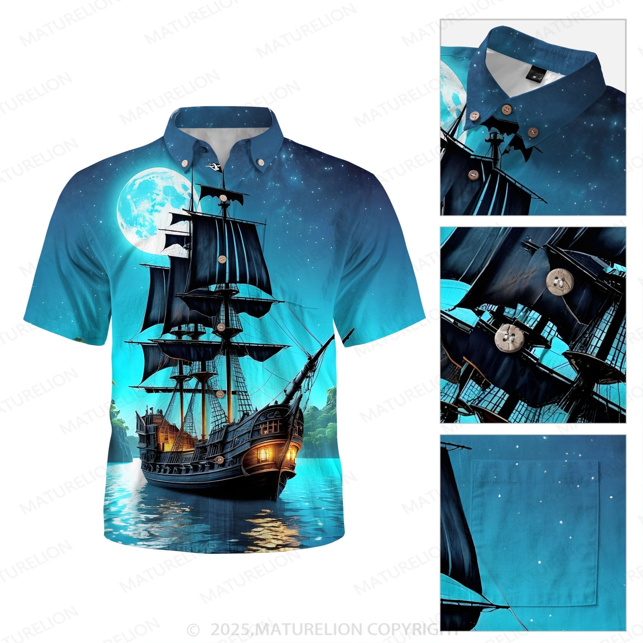 Maturelion Men's Aloha Shirts Boat Pocket Short Sleeve Shirt