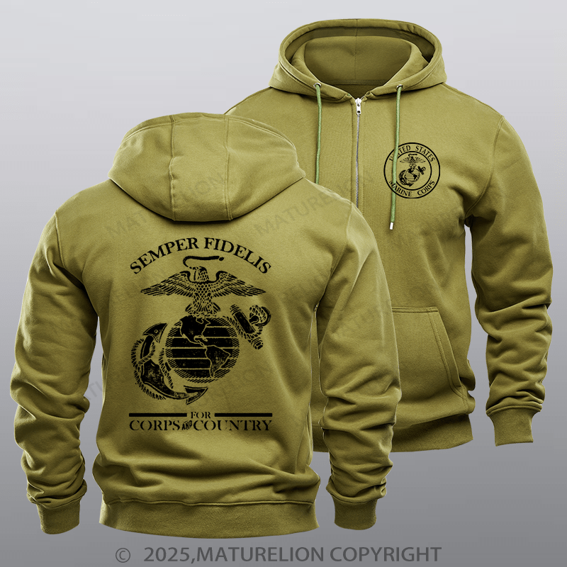 Maturelion Men's Hoodie USMC  For Country& Corps Zipper Hoodie