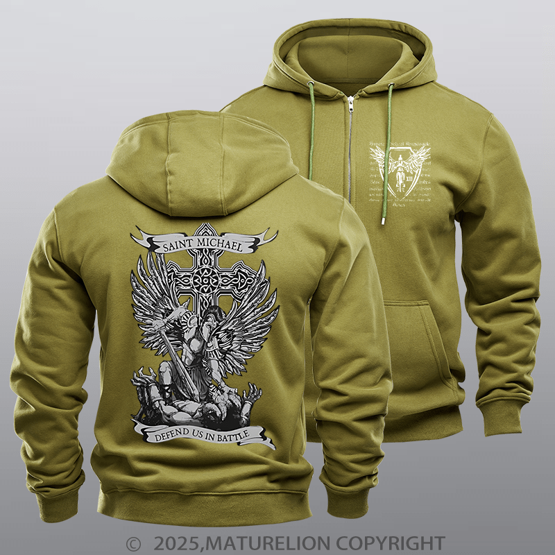 Maturelion Men's Hoodie Saint Michael Defend Us Zipper Hoodie