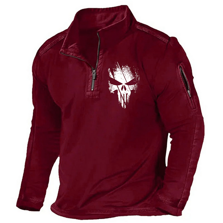 Maturelion Men's Henley Shirt Skull Print Zipper Punisher Henley Shirt